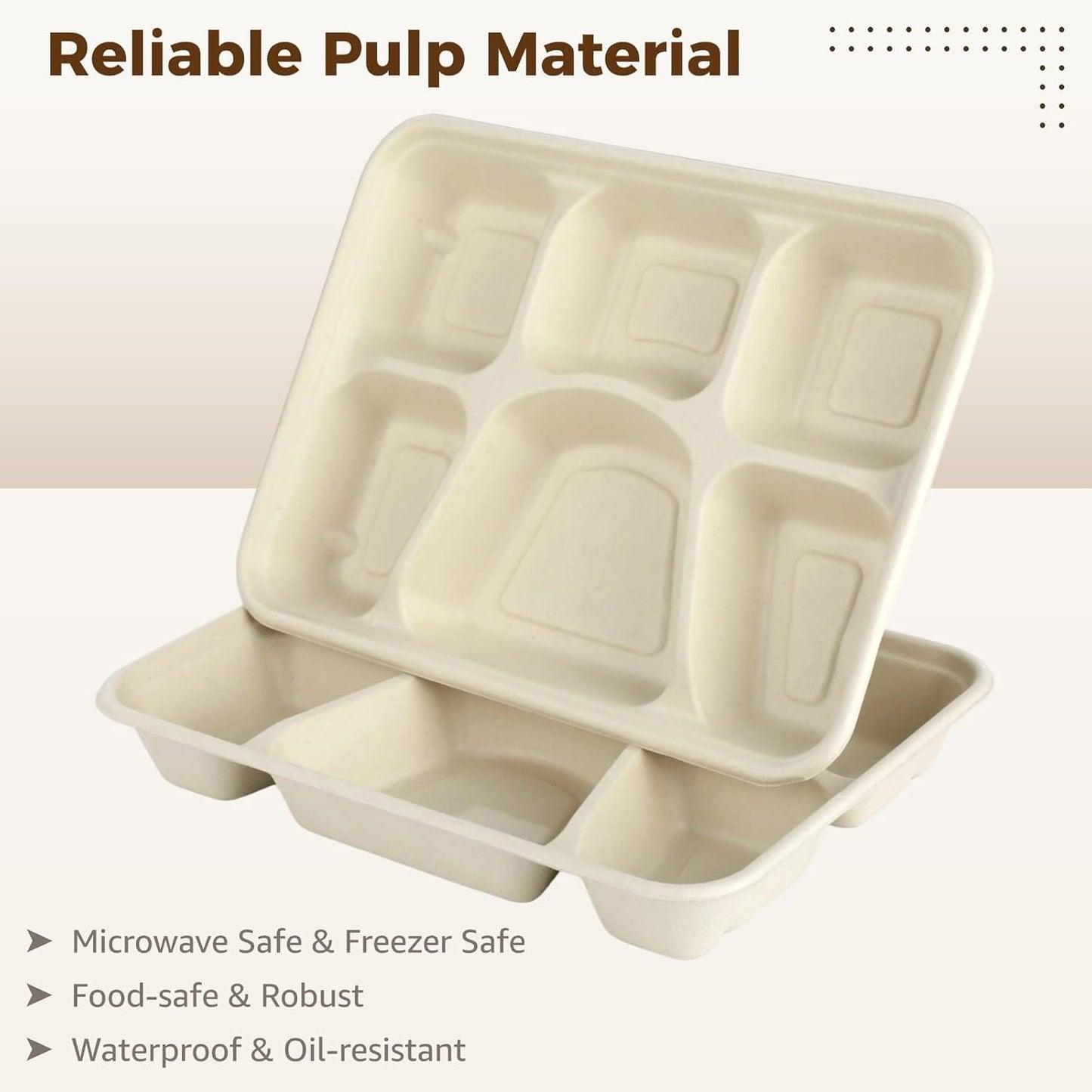 50 Pcs 6 Compartment Disposable Paper Plates Heavy Duty Divided Pulp Paper Meal Prep Containers Heavy-duty Lunch Plates Microwave & Freezer Safe