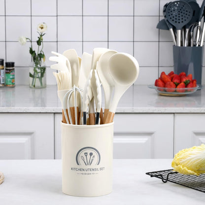 Silicone Kitchen Utensil Set with Holder, 12-Piece Heat-Resistant BPA-Free Non-Stick Cooking Tools with Wooden Handles, Includes Spatula, Spoon, Slotted Spoon, Whisk, Tongs & Brush