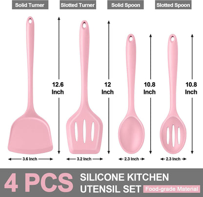 P&P CHEF Kitchen Utensil Set, 4 Pieces Non-stick Silicone Cooking Utensils, Heat-resistant Slotted Solid Spoon Turner for Frying, Mixing, Serving, Non-toxic & Easy to Clean, Blue