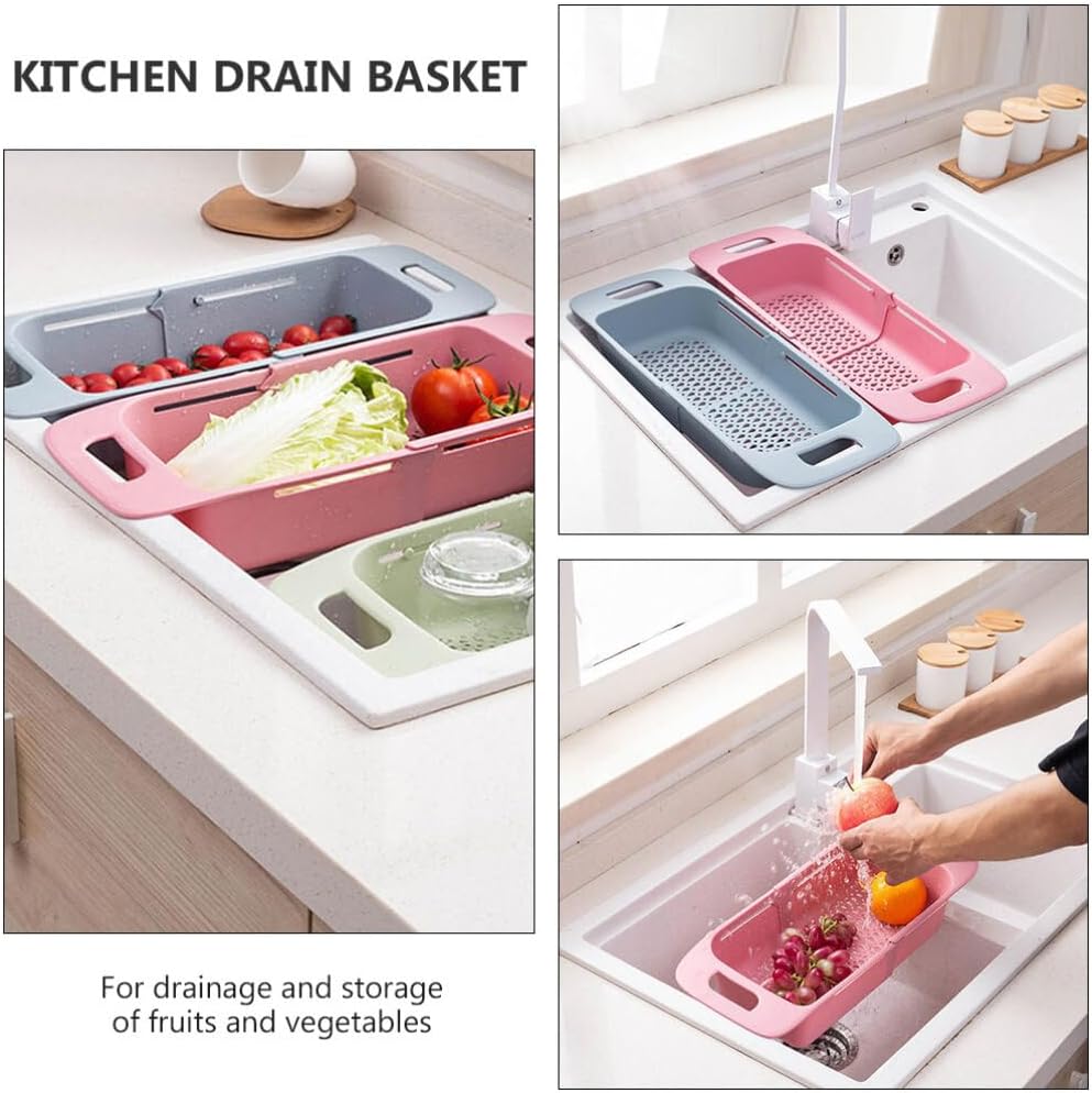Cabilock Extendable Over The Sink Colander Fruits and Vegetables Drain Basket Expandable Dish Drying Rack Adjustable Trainer Sink Washing Basket for Kitchen