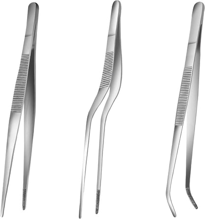 6.3 Inch Food Tweezers Stainless Steel with Precision Serrated Tips, 5PCS Kitchen Tweezers Set for Cooking, Baking, Cookie Cake Decoration, Metal Plating Tweezers