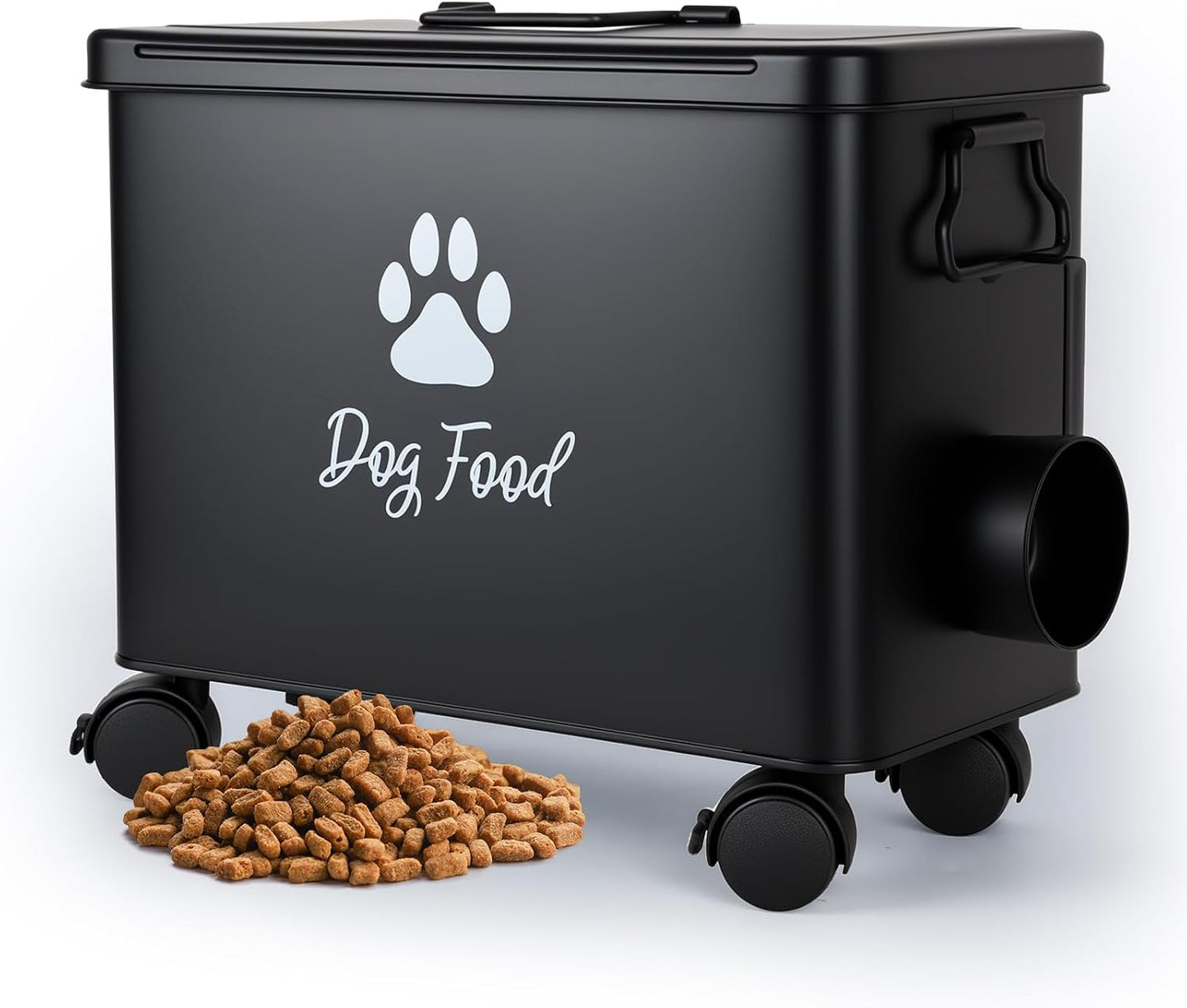 Dog Food Container 13lb, Cute Airtight Pet Food Storage Containers with Metal Lid Scoop, Black Metal Storage Bin for Dog/Cat with Wheels,Easy to Move