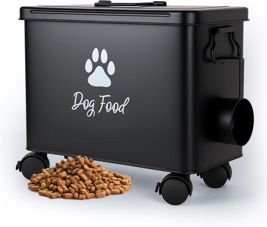 Dog Food Container 13lb, Cute Airtight Pet Food Storage Containers with Metal Lid Scoop, Black Metal Storage Bin for Dog/Cat with Wheels,Easy to Move
