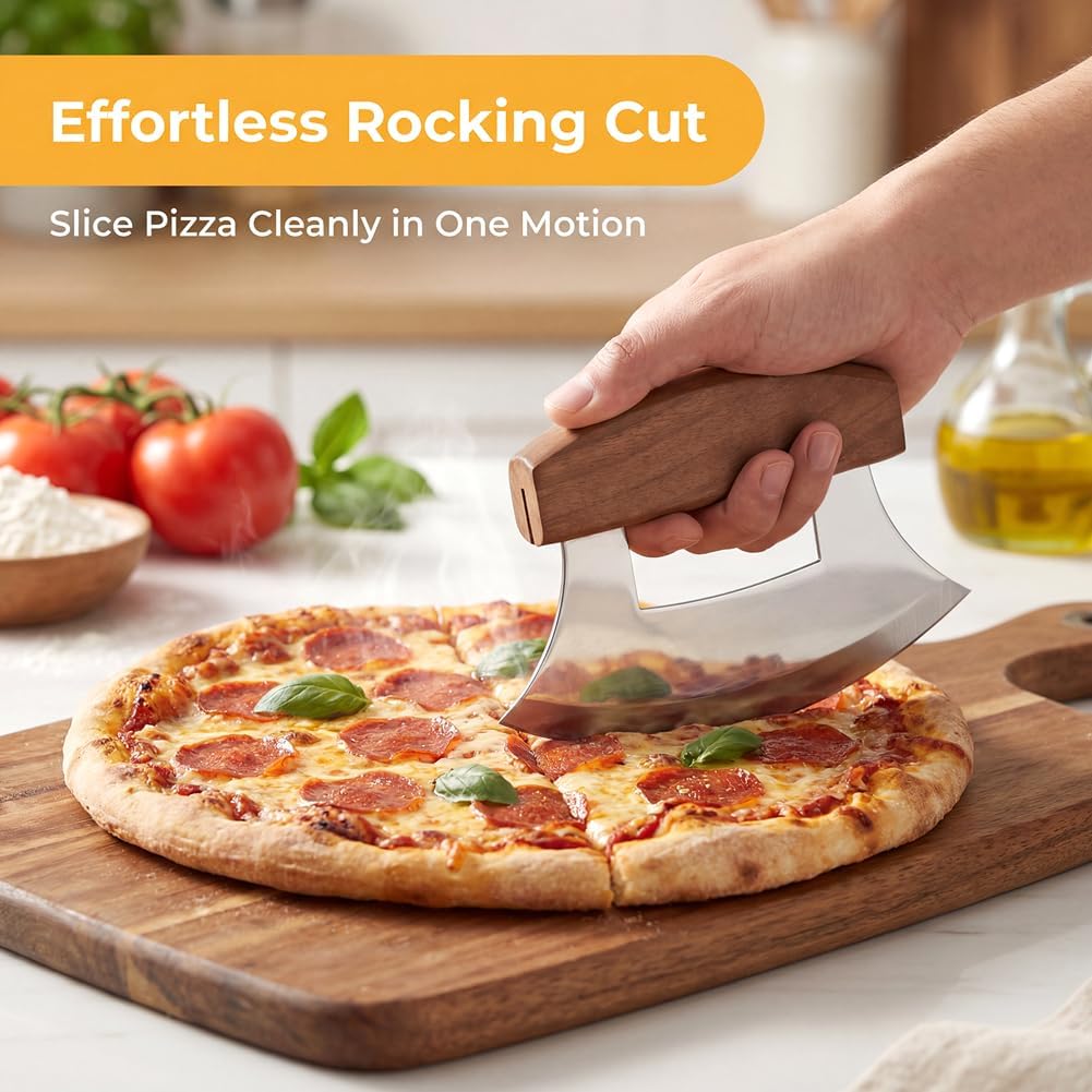 Alaskan Mezzaluna Ulu Knife, Sharp Rocker Mezzaluna Knife with Stand for Cutter Pizza, Meat, Vegetables, Herb, Salad, Chopper with Holder Base(COLOR:Walnut wood)