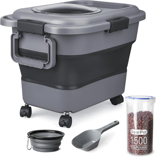 Dog Food Storage Container，10-25 lbs Airtight Collapsible Cat Food Storage Container with Attachable Wheels, Portable Handle, Dog Food Scoop for Dog Cat Bird Pet Dry Food Storage Bin Light Grey