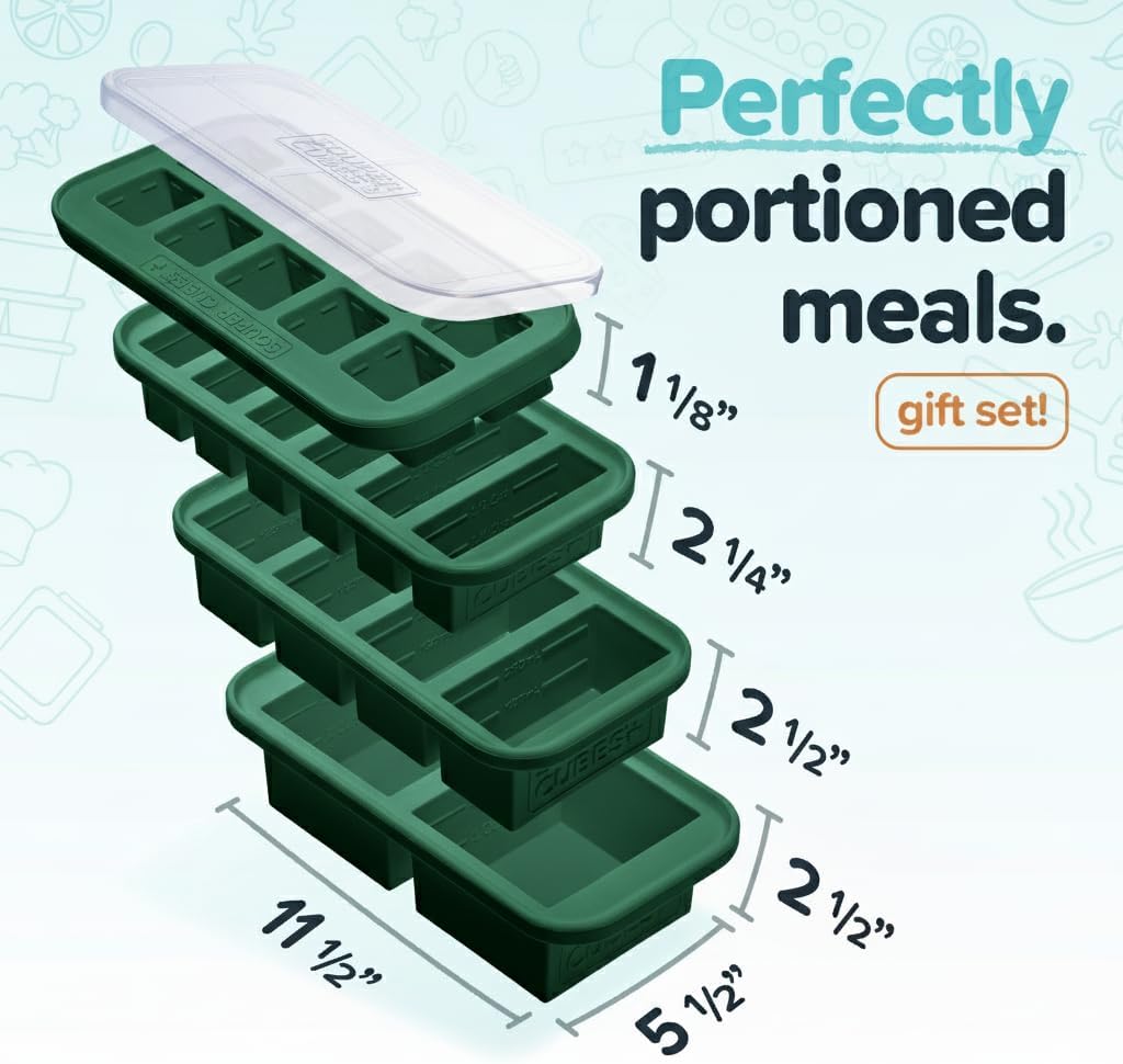 Souper Cubes Silicone Freezer Molds Gift Set, Kale | 2 Tbsp, 1/2 Cup, 1 Cup and 2 Cup Silicone Molds for Food Set, Perfect for Freezing Soup, Grains, Proteins, Herbs and More