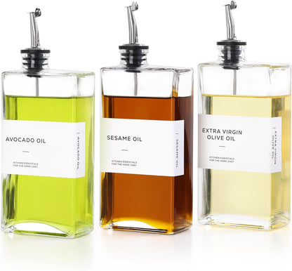 Olive Oil Dispenser Bottle for Kitchen, 3 Pack Glass Oil and Vinegar Dispenser Set, Elegant Book Design, Durable, Leak-Proof, Easy-Pour Spouts, Perfect for Kitchen, Dining Table (17oz)