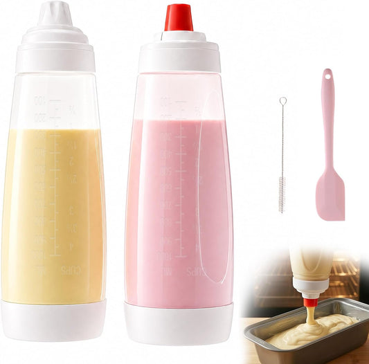 2 Pack Pancake Batter Dispenser Bottle ，BPA-free 34oz dispenser，for Mixing and Pouring Perfect Batter Ideal, Pancakes Muffins Cupcakes and Shaker Bottle Kitchen Cooking and Baking