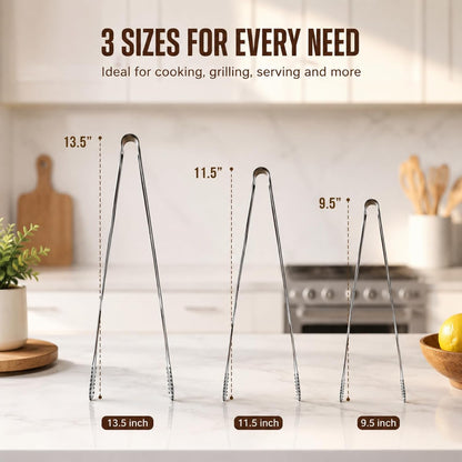 Tongs for Cooking, Long Kitchen Tweezers Set of 3, 18/8 Stainless Steel KitchenTongs with Precision Serrated Non-Slip Tips, Lightweight Durable Tweezer for Frying, Plating & BBQ(9.5"+11.5"+13.5")