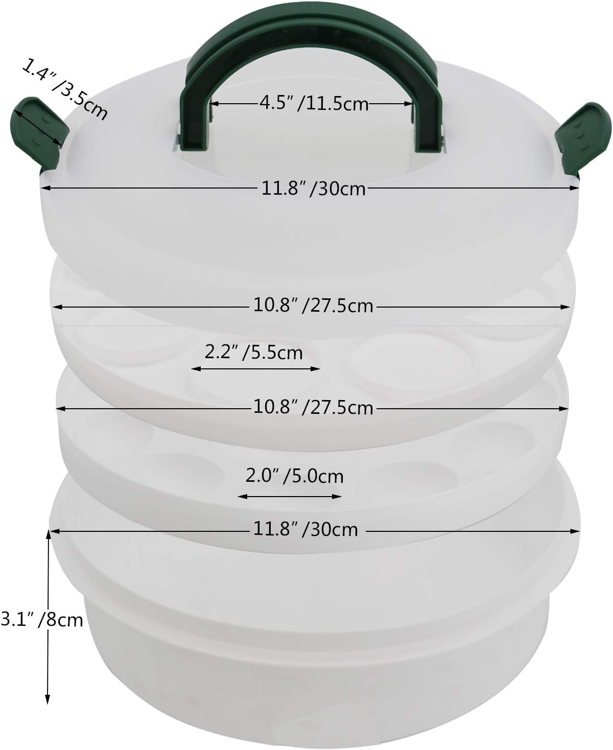 10 Inch Portable Pie Carrier with Lid and Tray 3-In-1 Round Cupcake Container Egg Holder Muffin Tart Cookie Keeper Food (Green)