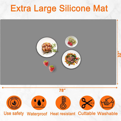 72''x16'' Extra Large Silicone Mat for Kitchen Counter, Heat Resistant Countertop Protector, Non-Slip Waterproof Kitchen Island Mat, Easy to Clean, Light Gray