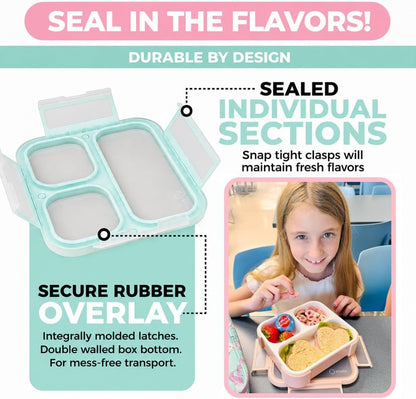kinsho Medium Bento Boxes for Kids, Lunch Box for Boys Girls Toddler Adults, Leak-Proof 3 Compartment Containers for Meal or Snack at School Daycare Work Travel, BPA Free 2 Pack (Pastel Blue + Pink)