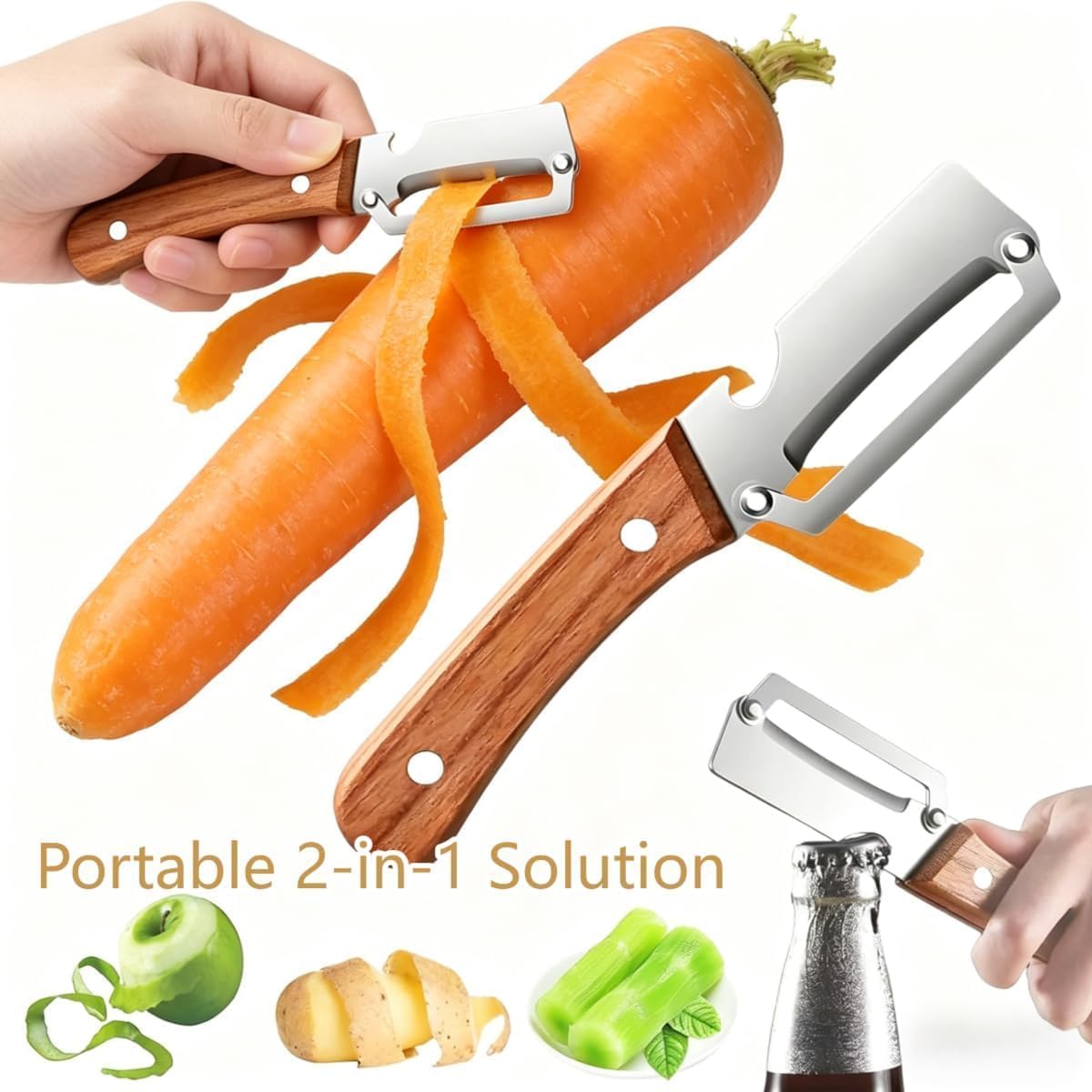 2 Pcs Multi-Functional Vegetable Peeler for Kitchen, Features Solid Wood Handles, 3-in-1 Fruit Peeler with Bottle Opener and Grater, Julienne Peeler, Vegetable Shredder for Potato, Carrot, Fruits