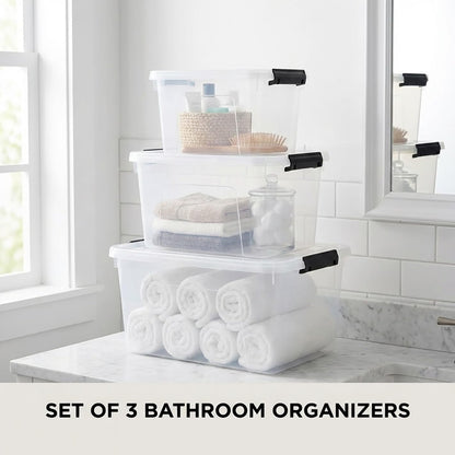 Plastic Storage Bins with Lids, 2 Pack Mixed Sizes (7 Qt, 16 Qt) Clear Black with Lid Stackable Organizer Boxes with Latches for Closet, Pantry, Bathroom, Office