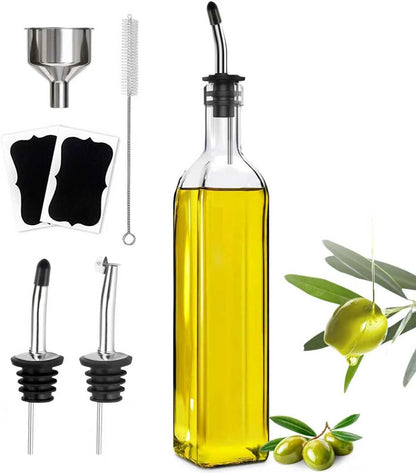 Leaflai Olive Oil Dispenser Bottle, Glass Olive Oil Dispenser and Vinegar Dispenser Set with Stainless Steel Pourers, 4 Labels,1 Brush and 1 Funnel Oil Bottles for Kitchen (500ml)