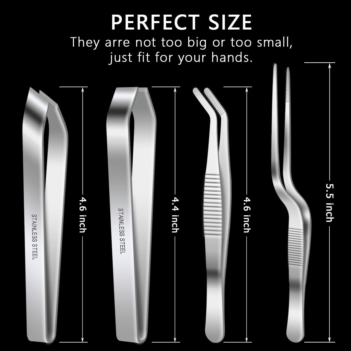 4 Pieces Fish Bone Tweezers Set, Two 4.6" Stainless Steel Tweezer and Two 5.5" Tongs for Cooking Food Design styling.