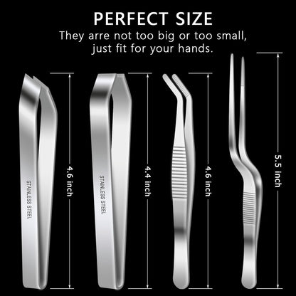 4 Pieces Fish Bone Tweezers Set, Two 4.6" Stainless Steel Tweezer and Two 5.5" Tongs for Cooking Food Design styling.