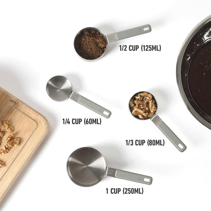 Calphalon Prime Measuring Cups, Kitchen Measurement Cup, 4-Piece Stainless Steel Kitchen Measuring Cup with Navy Silicone Handle Accurate, Durable for Dry and Liquid Ingredients