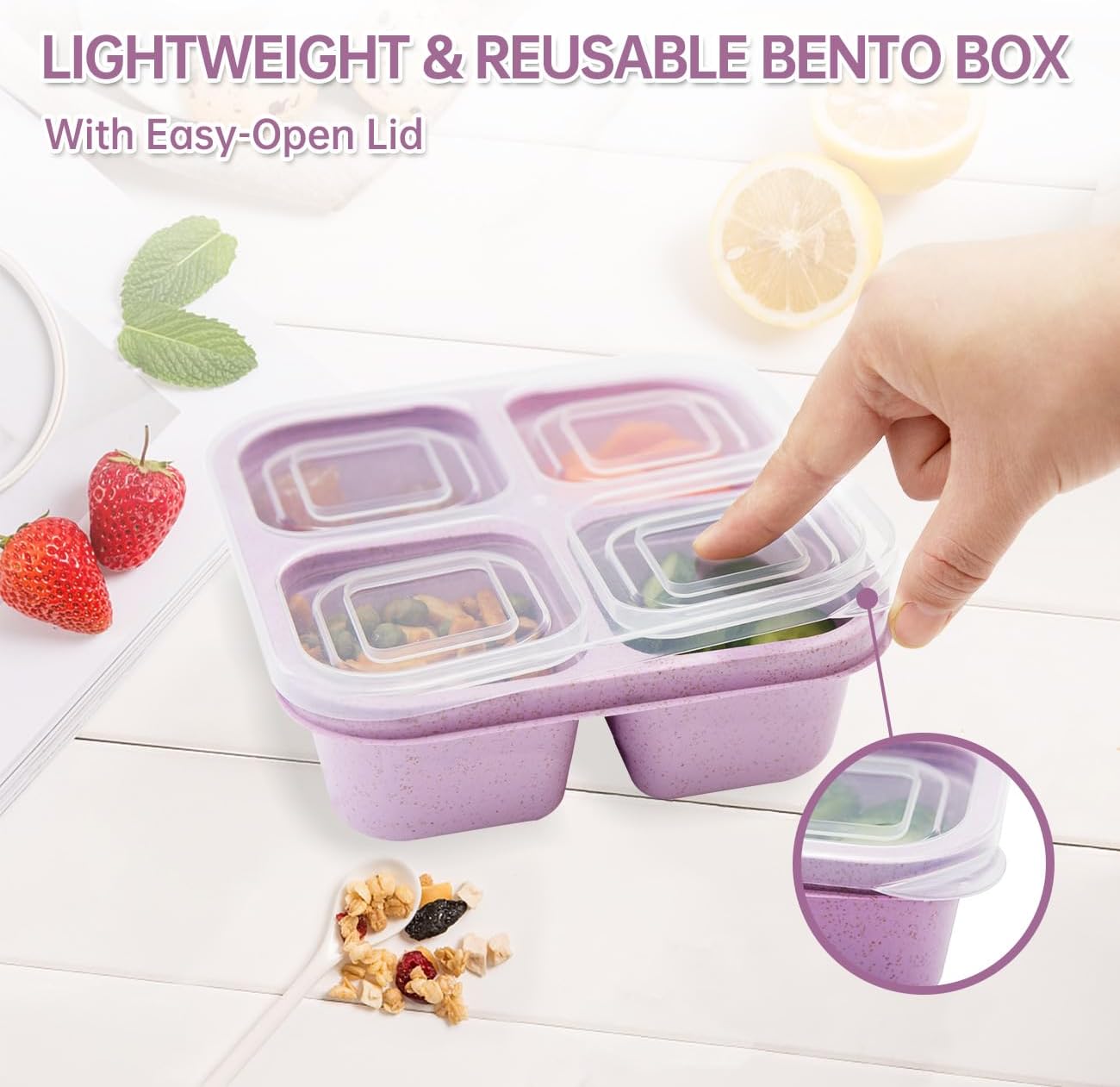 4 pack Bento Lunch Box, Snack Containers，Meal Prep Containers Kids/Toddle/Adults,Food Storage Containers for School, Work and Travel (4 and 3 Compartment Multicolor)