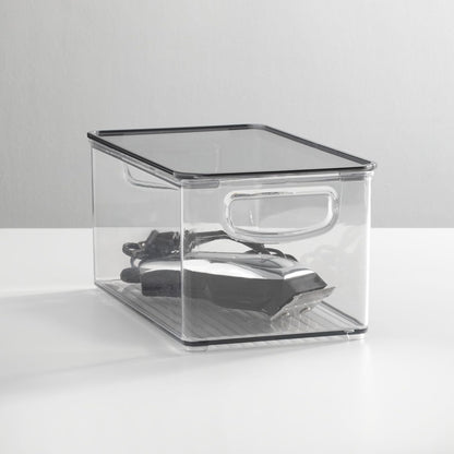 mDesign Deep Plastic Bathroom Storage Bin Box, Lid/Built-in Handles, Organization for Makeup, Hair Styling Tools, Toiletry Accessories in Cabinet, Shelves, Ligne Collection, 8 Pack, Clear