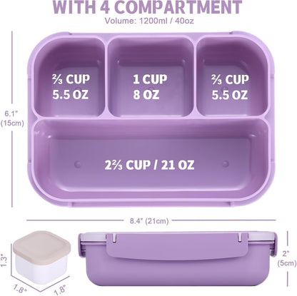 Bento Box Adult Lunch Box, Lunch Containers for Kids Girls Boys with 4 Compartments, Lunchable Food Container with Utensils, Sauce Jar, Muffin Liners, 40 Oz/5 Cup, Microwave Safe, Lavender