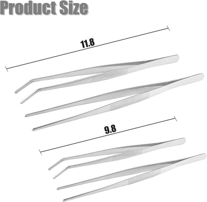 4 Pcs Kitchen Tweezers Fine Cooking Tongs 10 Inch & 12 Inch Stainless Steel Precision Serrated Tongs with Straight & Curved Round Tips for Cooking Serving & Barbecue