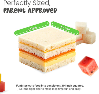 FUNBITES Crustless Sandwich Cutter for Kids Lunch, Uncrustable Sandwich Cutter (6-piece set), Bite-Size Food Cutter for Toddlers, Bento Box Accessories, Dishwasher Safe, Squares/Hearts/Triangles 3pk