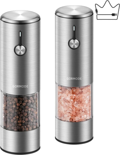 Stainless Steel Rechargeable Electric Salt and Pepper Grinder Set – USB Charging, One-Hand Electric Mill, Adjustable Coarseness, LED Light & Dust Cover –2pack(Greige & Buttercream)