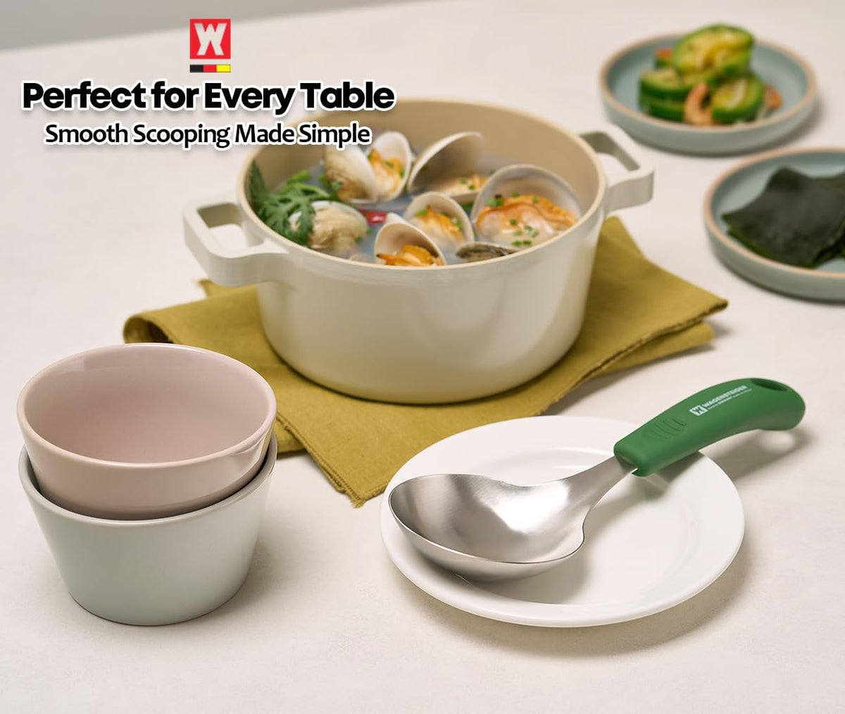 Short Stainless Steel Ladle 220mm (8.6”) – SUS304 Thick Deep Bowl Head with Soft-Grip Silicone Handle – Lightweight Mini Soup & Serving Spoon for Cooking – 5 Color Options (Gray)