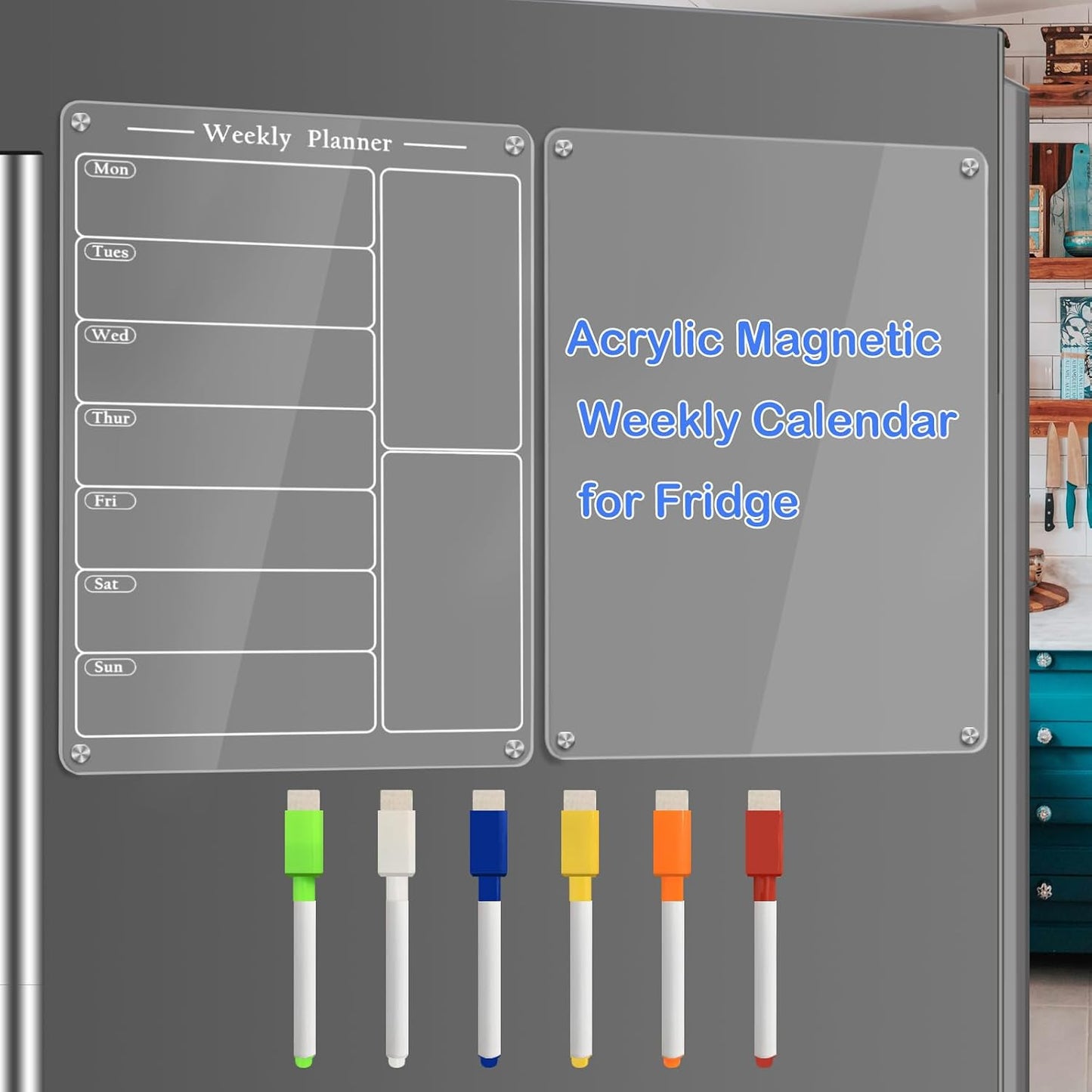 JonXon 8"X12" Acrylic Magnetic Menu Board for Kitchen,Acrylic Weekly Calendar for Fridge,Clear Meal Planner for Refrigerator,Magnet Fridge Menu Planner with 6 Magnetic Erasable Markers