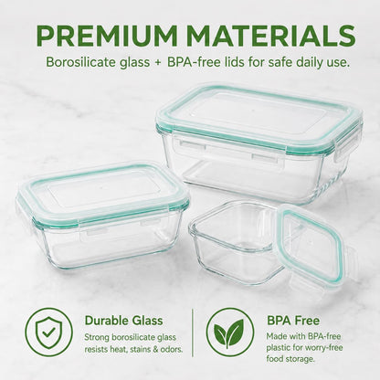 Melovom 8 Pack Glass Food Storage Containers with Lids, Airtight Glass Meal Prep Containers Set, Borosilicate Glass Food Storage Containers, BPA-Free Lids, Microwave, Oven, Freezer & Dishwasher Safe
