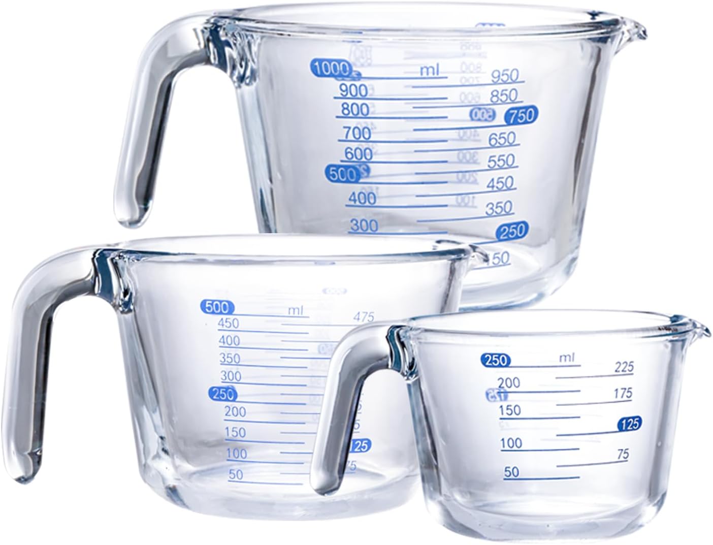 Kitchen Glass Measuring Cup Three-Piece Set, Measuring Jug with Scale,Egg Beater，Flour Measurers， Dishwasher Safe (250ml/1Cup, 500ml/2Cup, 1000ml/4Cup)(Transparent)