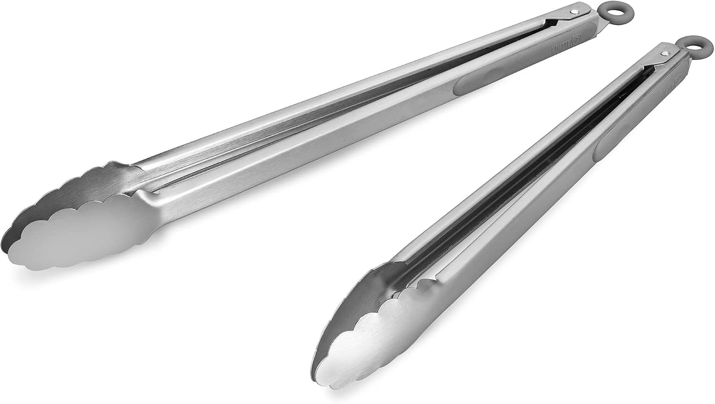 304 Stainless Steel Kitchen Cooking Tongs, 9" and 12" Set of 2 Sturdy Grilling Barbeque Brushed Locking Food Tongs with Ergonomic Grip, Black