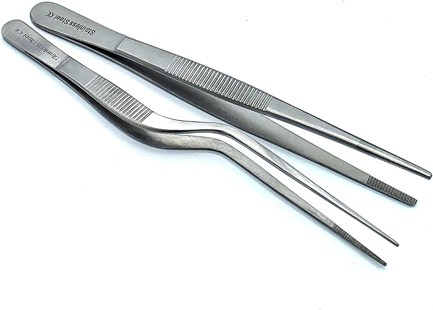 A2Z Chef Precision Tweezers Set of 2 – Stainless Steel Offset & Straight Serrated Tip Tweezers for Food Plating, Garnishing & Culinary Preparation