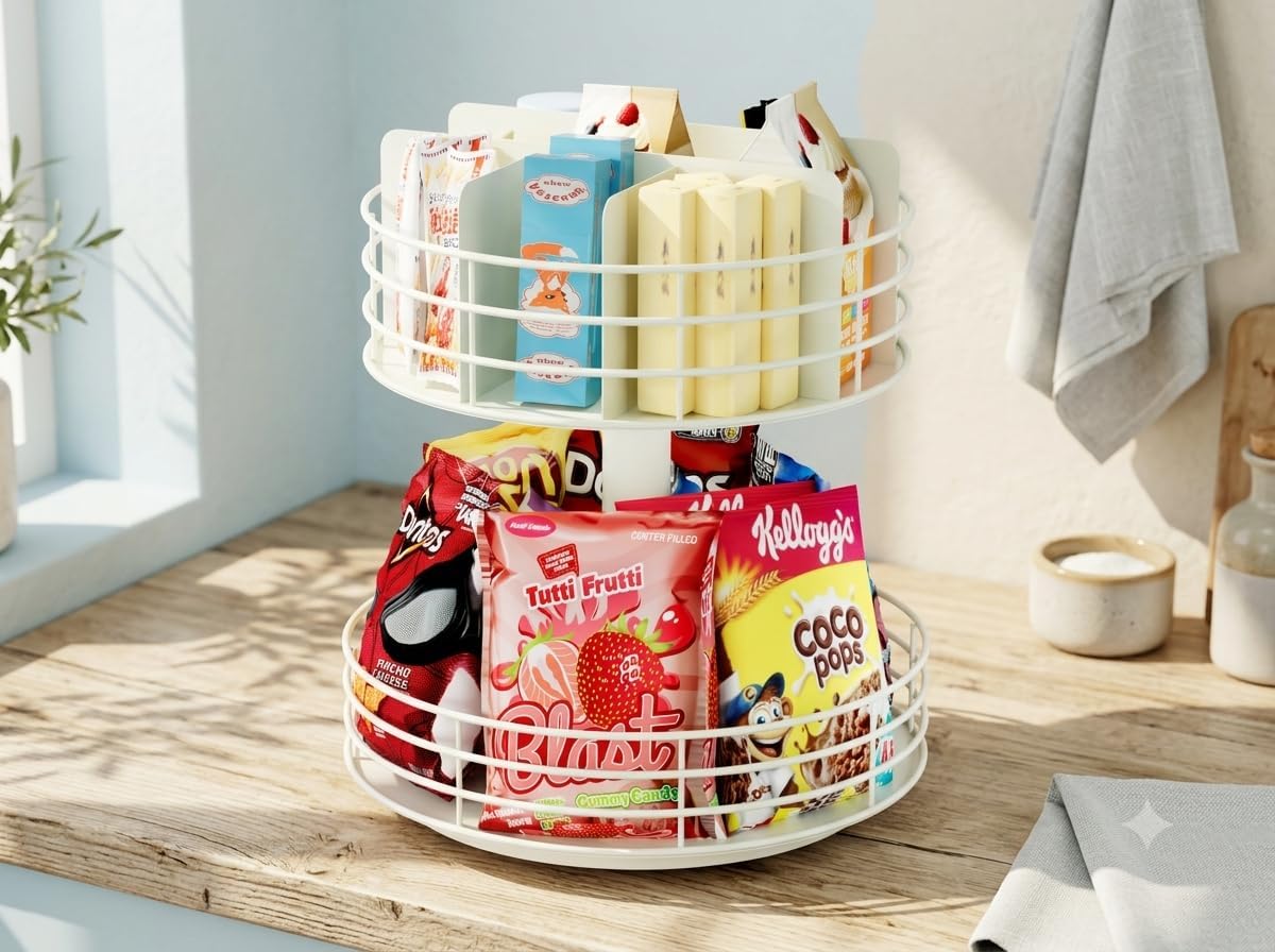 Snack Organizer - Versatile Snack Storage 2 Tier Lazy Susan with Convenient Grab-and-Go Design, Metal Snack Holder for Home, Office, Breakroom, 11.85" L x 11.85" W x 13.3" H (Matte Black)