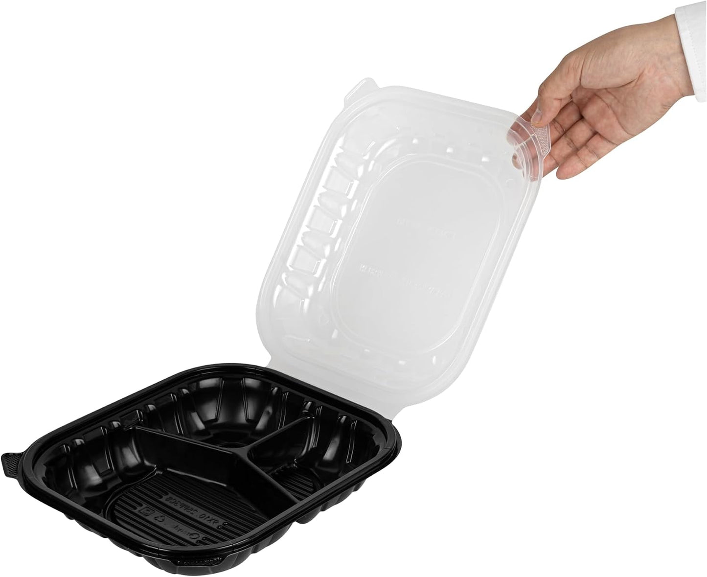 Thermo Tek 40 Ounce Clamshell Containers, 50 Disposable Take Out Boxes - 3 Compartments, Ventilated Lids, Black Plastic Meal Prep Containers, Microwavable, For Pasta Or Salads - Restaurantware