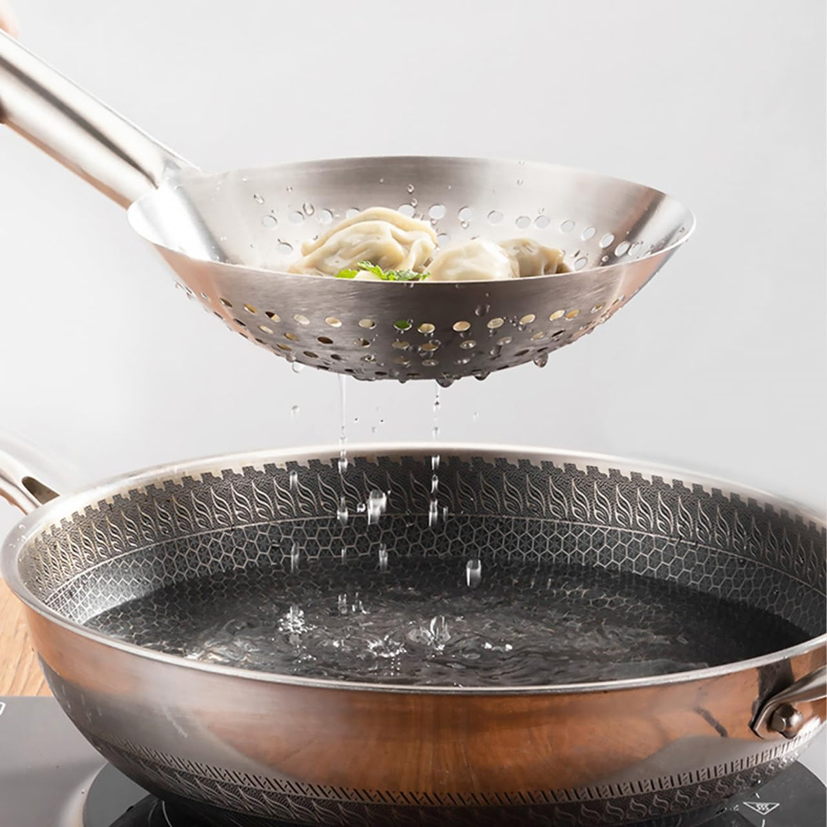 UPKOCH Stainless Steel Skimmer Spoon Fine Mesh Filter Strainer for Frying Hot Pot Vegetables Meat Wonton 16.92 inch Handle Kitchen Gadget for Daily Cooking
