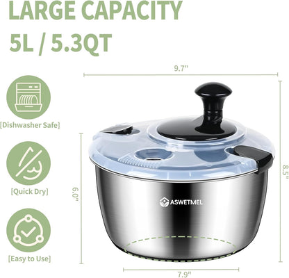 5.3QT Large Stainless Steel Salad Spinner, ASWETMEL Metal Salad Spinner with Locking Lid & Non-Slip Base, Lettuce Spinner for Washing and Drying Fruits Vegetables, Salad Dryer Spinner for Kitchen