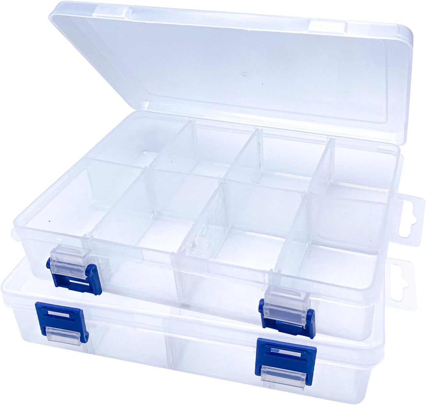 2 Pcs 8 Grids Clear Plastic Storage Box with Adjustable Dividers, Stackable 8 Compartments Small Organiser Box Container for Accessories Beads Jewelry Earring Tool, 7.48×5.23×1.8 Inches