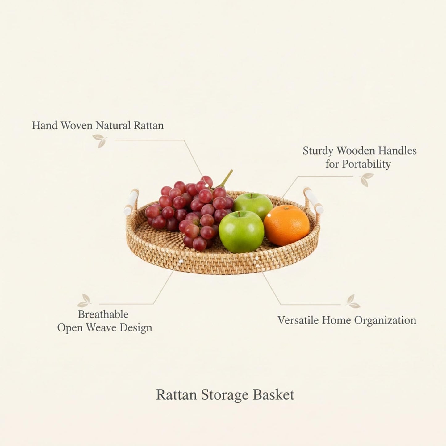 Hand Woven Rattan Basket with Wood Handle, Open Weave Storage Bin for Countertop Organization, Produce, and Home Decor