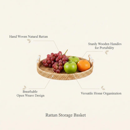 Hand Woven Rattan Basket with Wood Handle, Open Weave Storage Bin for Countertop Organization, Produce, and Home Decor