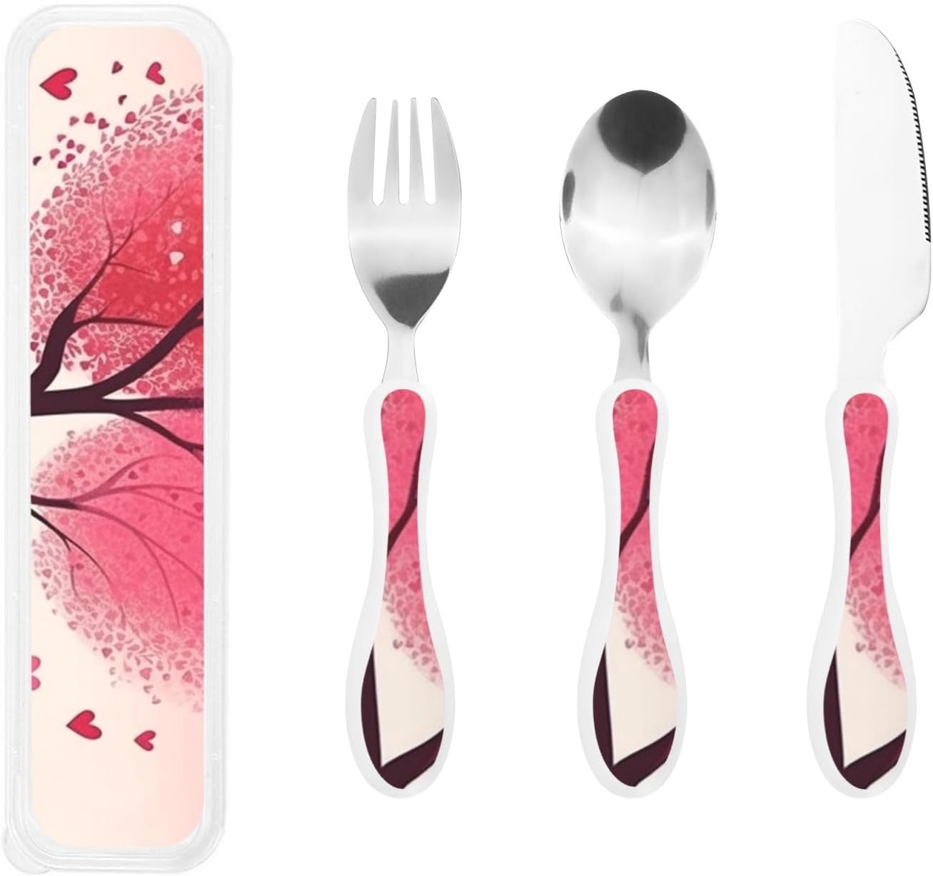 3-Piece Kids Silverware Set With Storage Case, Stainless Steel Reusable Children Safe Knife Spoon Fork Set Valentine'S Day Romantic Heart Trees Bicycle Children Flatware Set For Kids Lunch Box