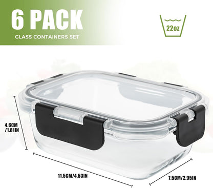 Glass Food Storage Containers with Lids Set of 6, 22 OZ Glass Meal Prep Containers for Lunch, Microwave, Oven, Freezer & Dishwasher Safe, BPA-Free