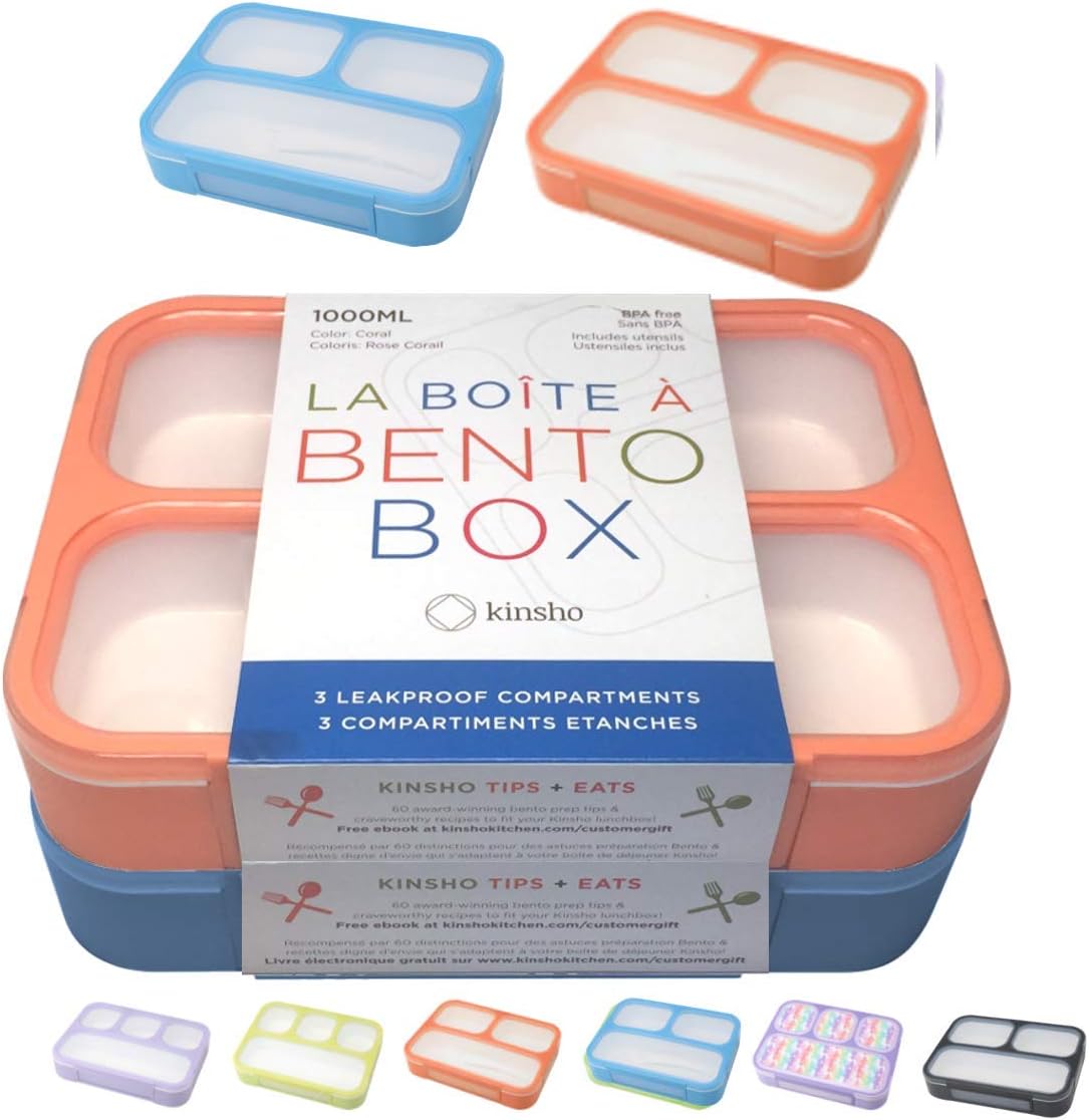 Bento Lunch Box Kids & Adults, Lunch and Snack Containers for Boys & Girls with 3 Compartments - School, Work Daycare, Meal Planning Portion Control Container, BPA-Free Boxes, Utensils, Blue 1 pack