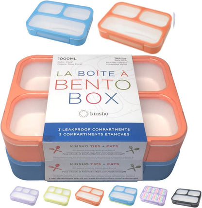 Bento Lunch Box Kids & Adults, Lunch and Snack Containers for Boys & Girls with 3 Compartments - School, Work Daycare, Meal Planning Portion Control Container, BPA-Free Boxes, Utensils, Blue 1 pack