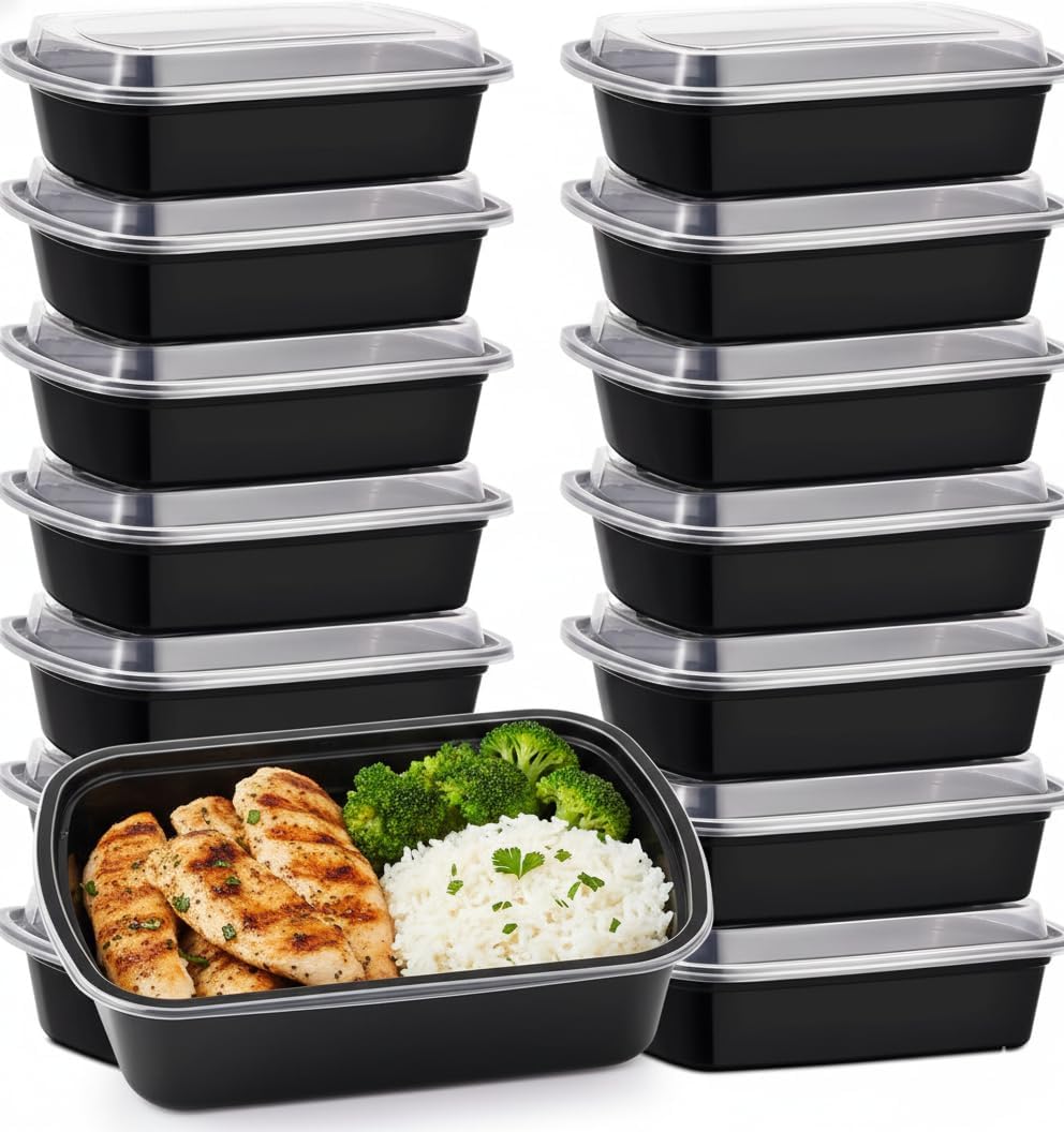 50 Pack (100-Piece) Meal Prep Containers with Lids, Reusable 2-Compartment Food Storage, Sturdy Leakproof, Food Safe, Microwave Freezer Dishwasher Safe, To-Go Takeout Plastic Containers – 60828