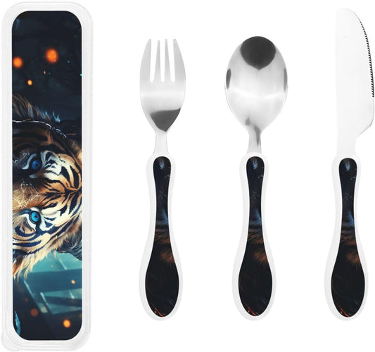 Stainless Steel Kids Silverware Set, Tiger Utensil Set Reusable Children Safe Knife Spoon Fork Set With Storage Case Dishwasher Safe For Lunch, Travel Outdoors