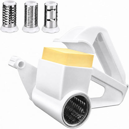 Rotary Cheese Grater with 3 Stainless Steel Drums – Handheld Cheese grater Shredder for Hard Cheese,Nuts & Chocolate | Fine, Coarse & Slicing Blades | White Body | Dishwasher Safe