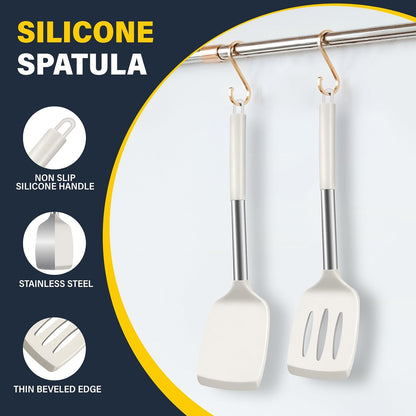 2 Pack Silicone Spatula Set, Solid & Slotted Turner for Non-Stick Pans, High Heat Resistant Silicone Spatula for Cooking, BPA-Free Stainless Steel Cooking Utensils for Fish, Eggs, Pancakes, Black