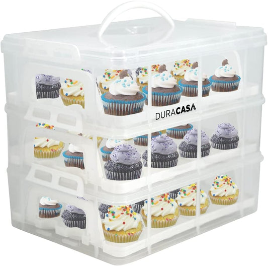 Cupcake Carrier, Cupcake Holder | Premium Upgraded Model Holds Cupcakes Steadier | Store up to 36 Cupcakes or Muffins | Stacking Cupcake Storage Container | Use 1,2, or 3 Tiers (White)